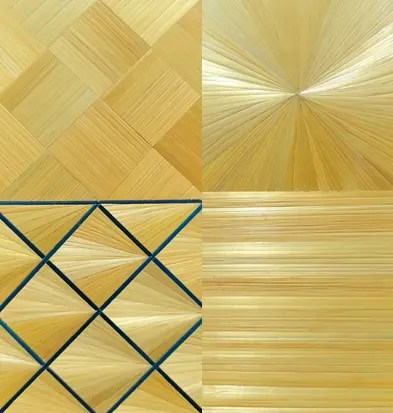 placage en marqueterie de la paille de seigle naturelle avec des motifs en soleil, motifs en diamants et motif en quinconce