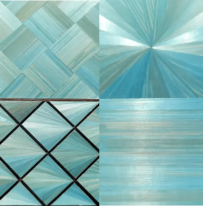 placage en marqueterie de la paille de seigle Bleu Cyan avec des motifs en soleil, motifs en diamants et motif en quinconce