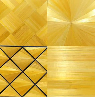 placage en marqueterie de la paille de seigle jaune OR avec des motifs en soleil, motifs en diamants et motif en quinconce