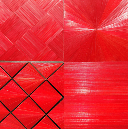 placage en marqueterie de la paille de seigle rouge avec des motifs en soleil, motifs en diamants et motif en quinconce