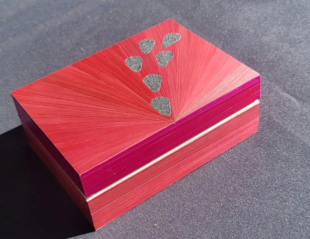 Boîte rose clair et rose foncé décorée avec des pétales argentés