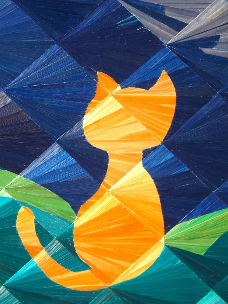tableau en marqueterie de paille représentant un chat sous la lune