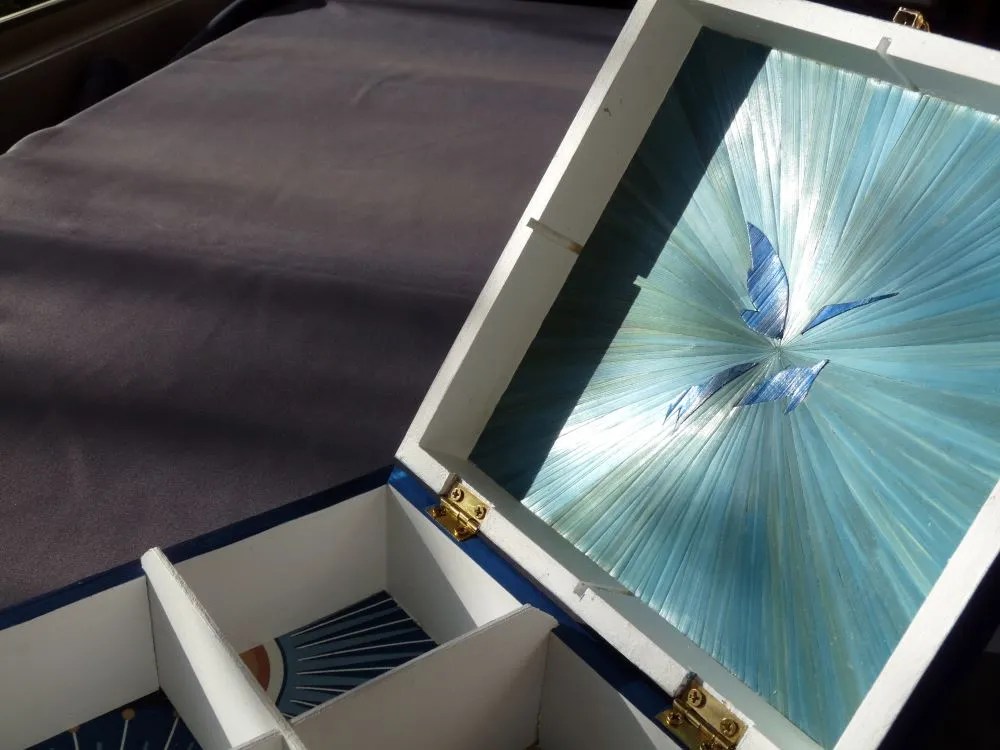 Magnifique colibri bleu nuit qui orne l'intérieure d'une boite à thé avec un magnifique reflet de lumière lié aux rayons du soleil