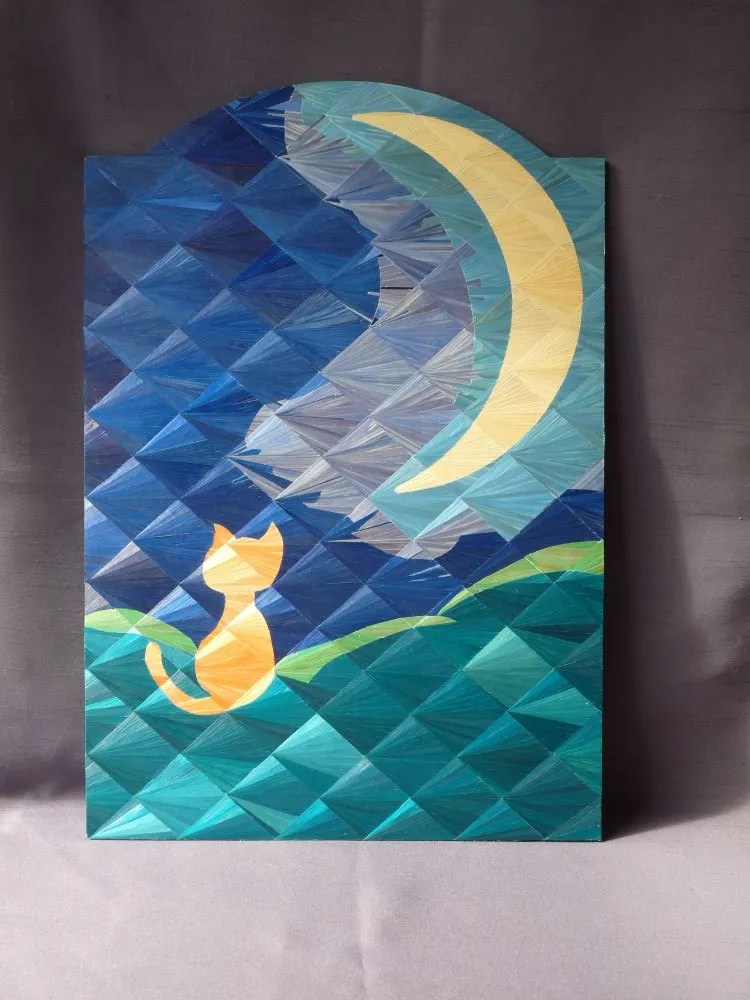 œuvre d'art montrant un chat roux dans une paysage naturel durant la nuit