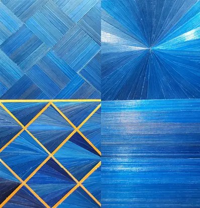 placage en marqueterie de la paille de seigle bleu roi avec des motifs en soleil, motifs en diamants et motif en quinconce