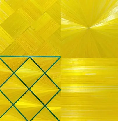 placage en marqueterie de la paille de seigle jaune citron avec des motifs en soleil, motifs en diamants et motif en quinconce