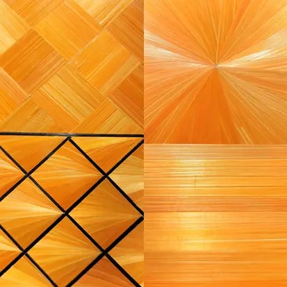 placage en marqueterie de la paille de seigle orange avec des motifs en soleil, motifs en diamants et motif en quinconce