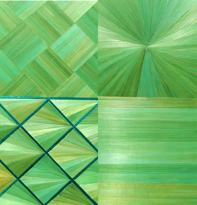 placage en marqueterie de la paille de seigle vert avec des motifs en soleil, motifs en diamants et motif en quinconce