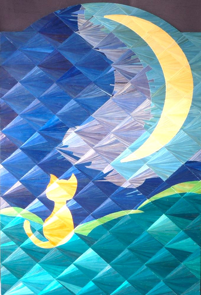 Cat under the moon - tableau en marqueterie