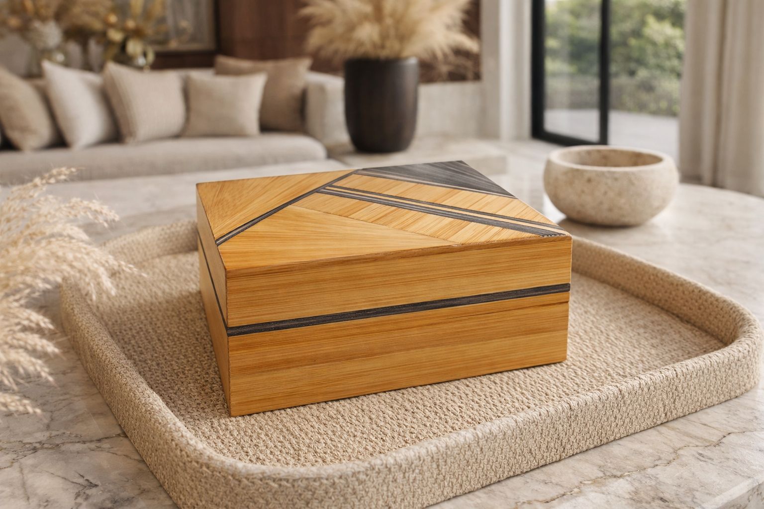 Boite de marqueterie de paille jaune et grise