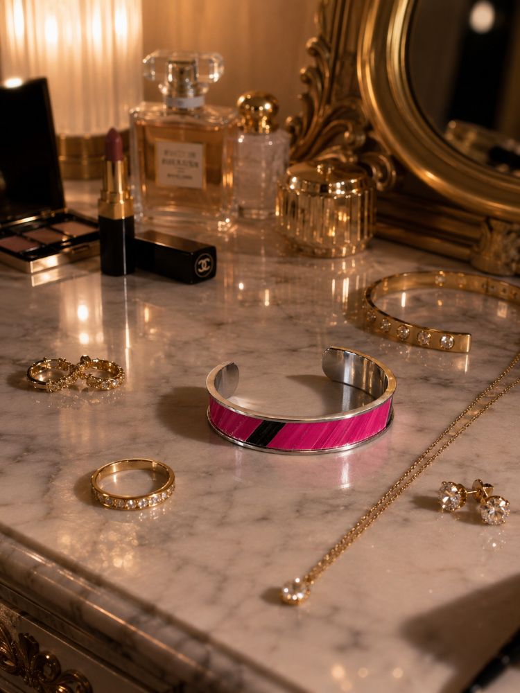bijou en marqueterie - Bracelet sur table à bijoux