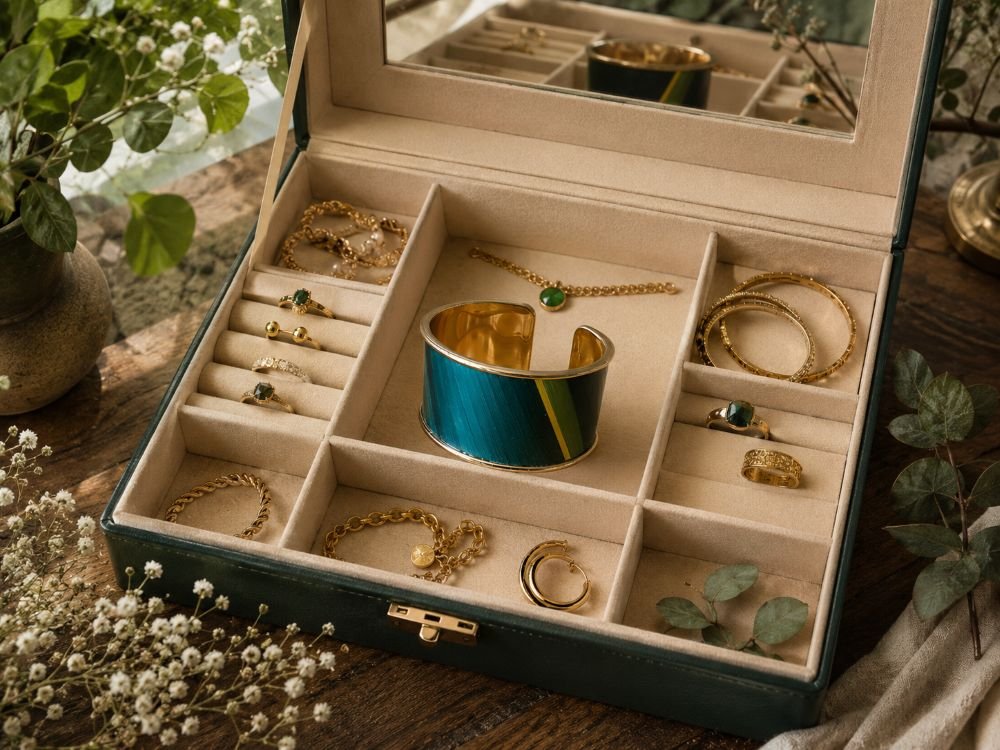 Bracelet vert emeraude dans boite a bijoux