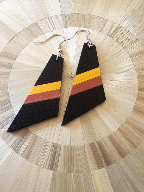 Boucles oreilles trapézoidale - noir cuivre et jaune - artisanales